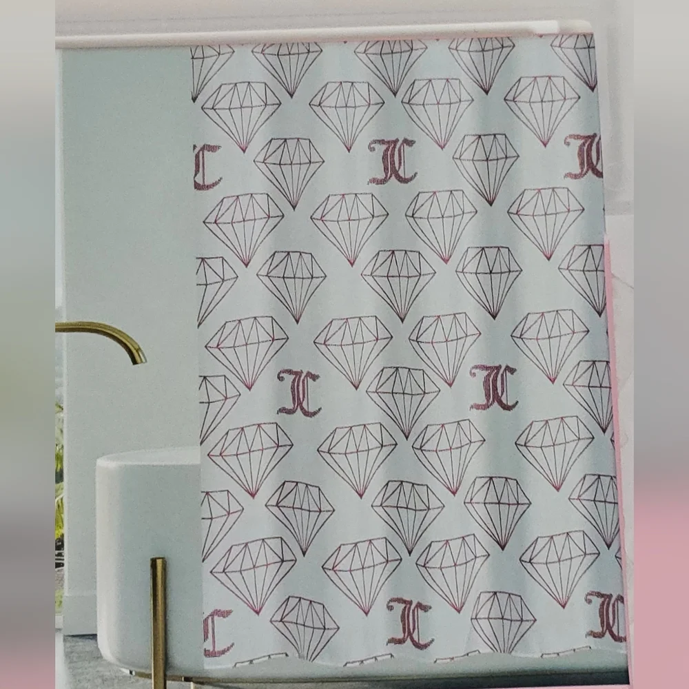 Juicy Couture White Shower Curtain with Pink Diamond Geometric Design New